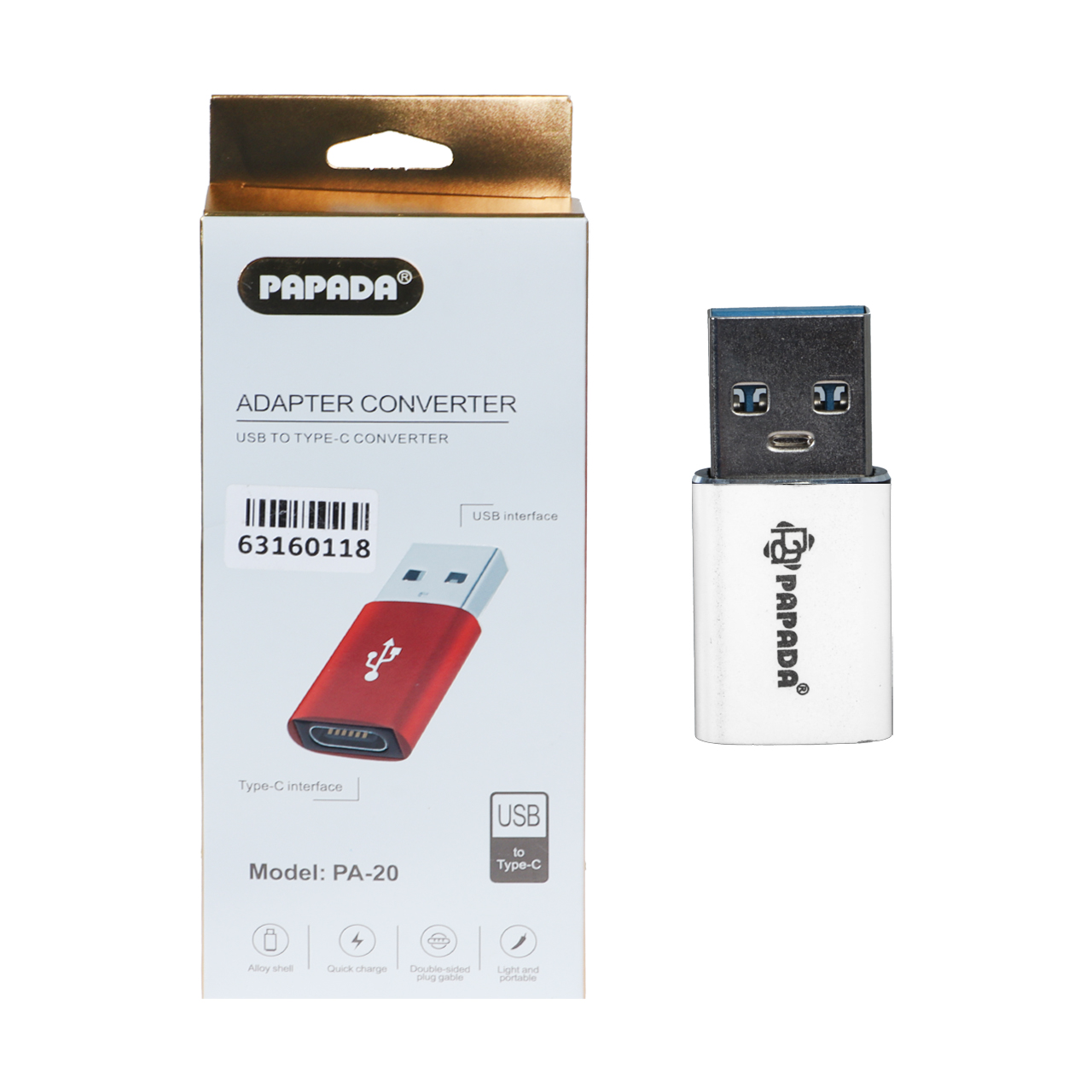 تبدیل Papada USB TO Type-C مدل PA-20 – نقره ای – ASP (گارانتی شش ماهه آروین)