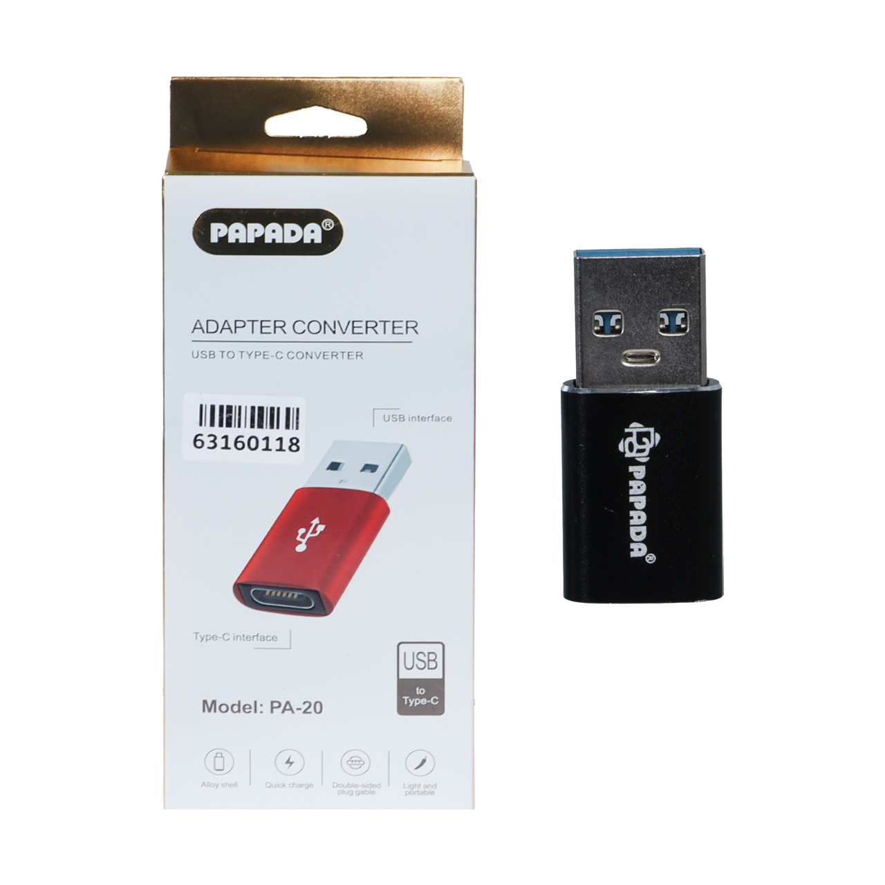 تبدیل Papada USB TO Type-C مدل PA-20 – مشکی – ASP (گارانتی شش ماهه آروین)